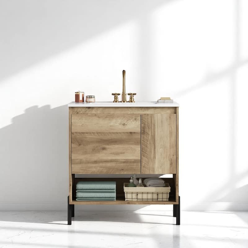 Modern 30 Inch Bathroom Vanity with Sink, Pine Wood Frame, Drawer Storage, Open Shelf, and 4" Faucet Compatible Basin - Natural