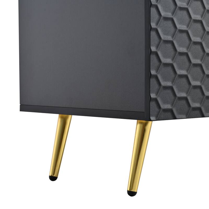 71" Minimalist TV Cabinet with Geometric Honeycomb Pattern - Gold Accents, Cable Management, Storage