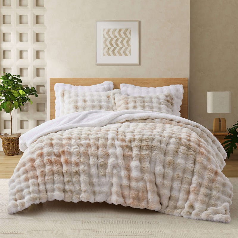 Dual-Side Fluffy Sherpa Comforter Set, Winter Plush Fuzzy Bedding Set - Brown - King