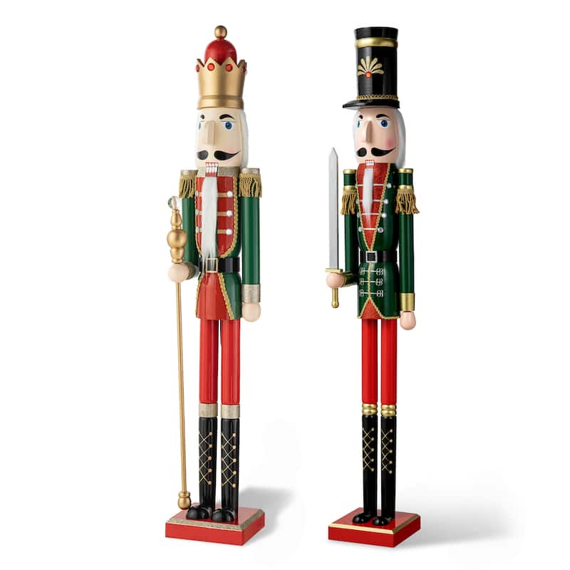 Glitzhome 42"H Large Size Christmas Wooden King & Soldier Nutcracker Set Xmas Figurine Decor for Indoor Outdoor - A-King & Soldier