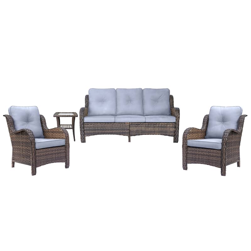 4 Piece Wicker Outdoor Patio Furniture Set High Back Chair and Sofa