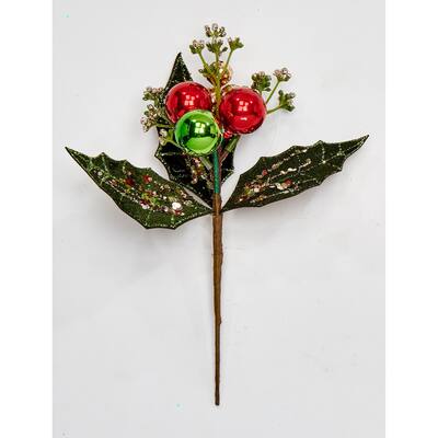 10" Glittered Balls & Leaves Pick, Set of 6