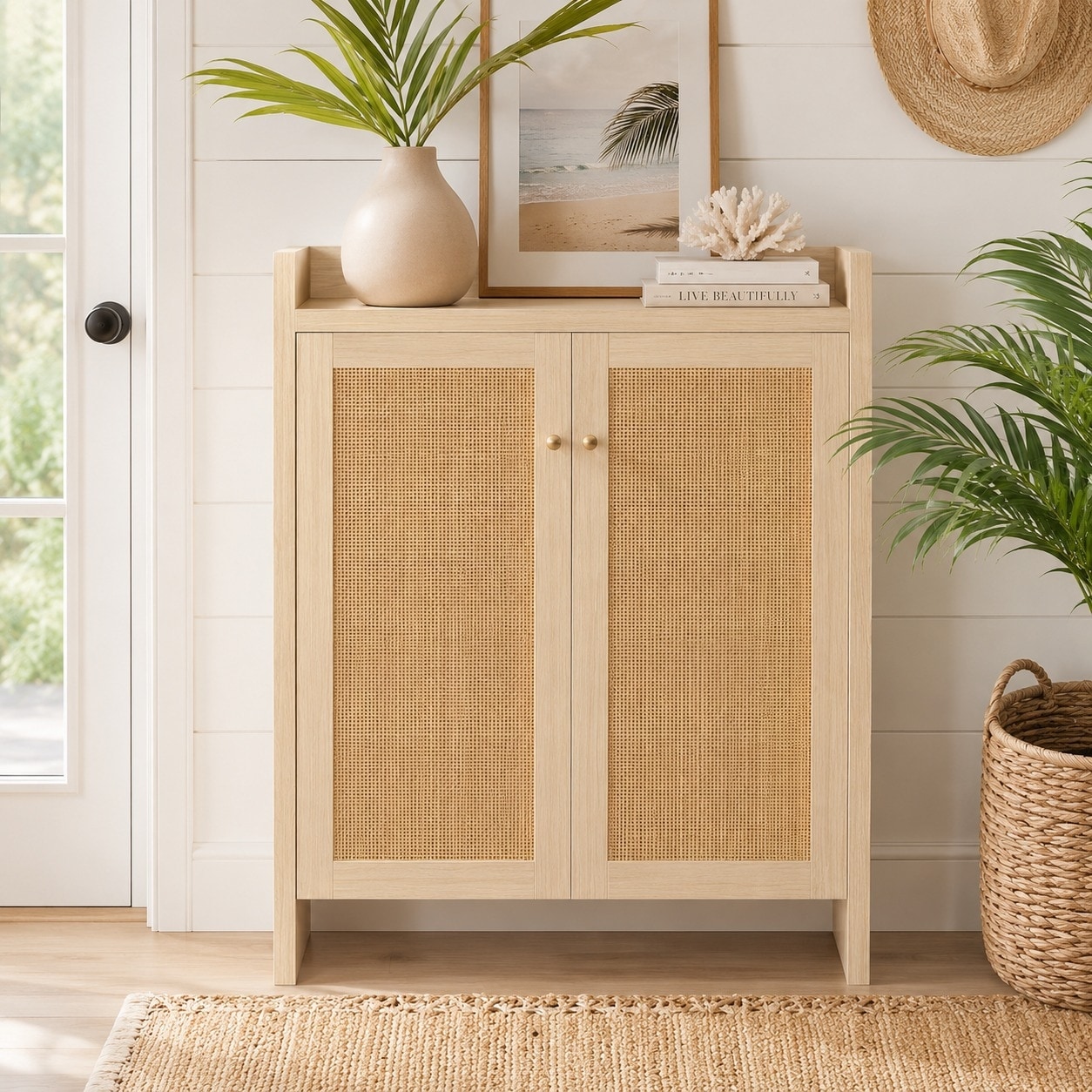 42.5" Tall Rattan Shoe Cabinet with Doors, 6-Tier Adjustable Shoe Storage Organizer, Freestanding