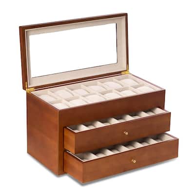 Curata Matte Cherry Finish Glass Lid 2-Drawer Velour Lined Wooden 36-Watch Box