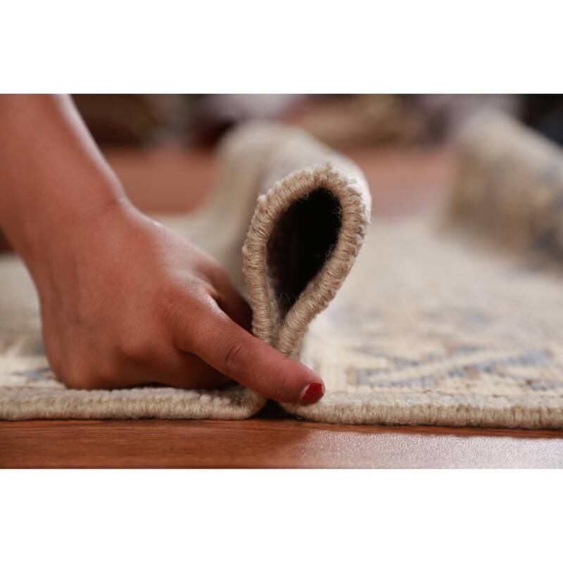 Hand Knotted Oriental 100% Wool Carpet Transitional Geometric Beige & Ivories Oushak Runner Rug - 11' 7'' X 3' 1''