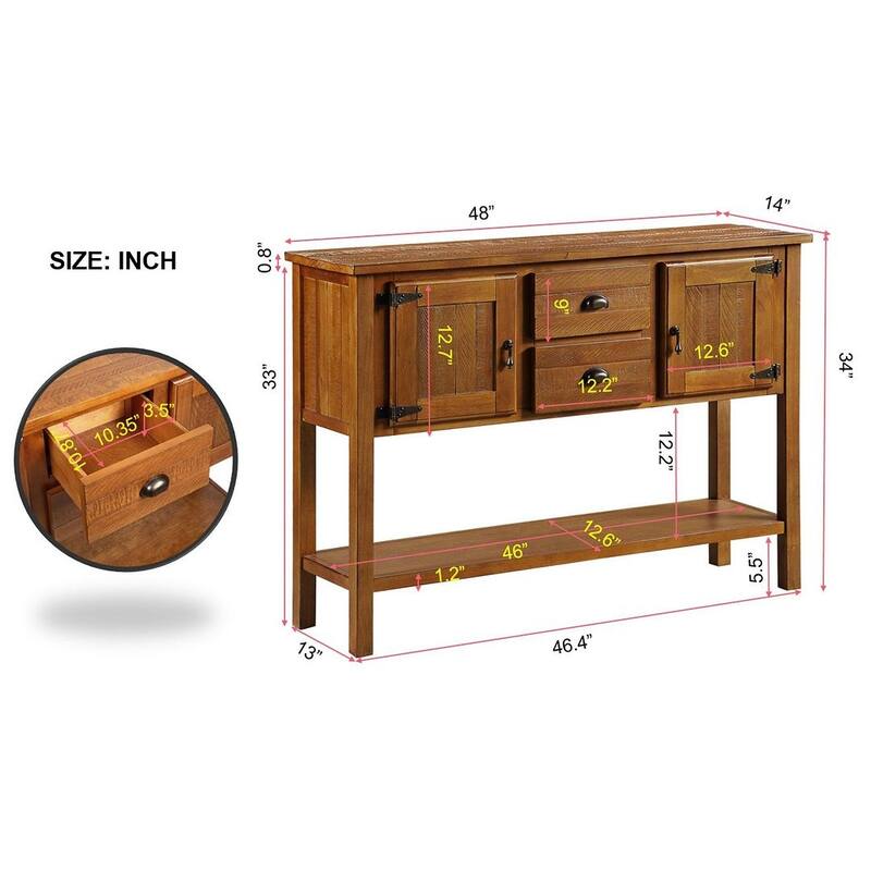 48" Solid Wood Hall Table Console with 2 Drawers and Cabinets and Bottom Shelf