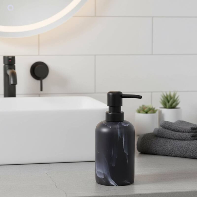 Marble Resin Soap Dispenser with Black Pump - 2.8 L x 2.8 W x 6.8 H - Black