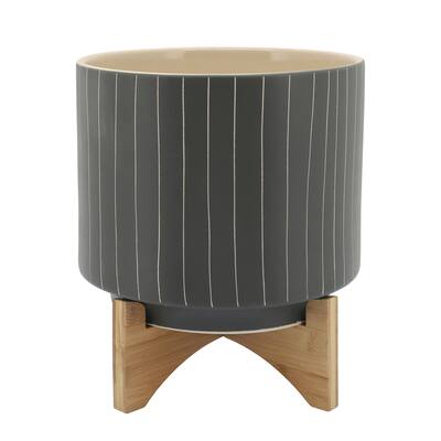 10" Stripes Planter with Stand, Gray 12.0"H - 10.0" x 10.0" x 12.0"