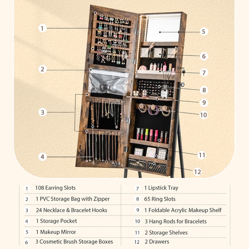 Costway Jewelry Cabinet Armoire 3 Color LED Modes Full-Length - See Details