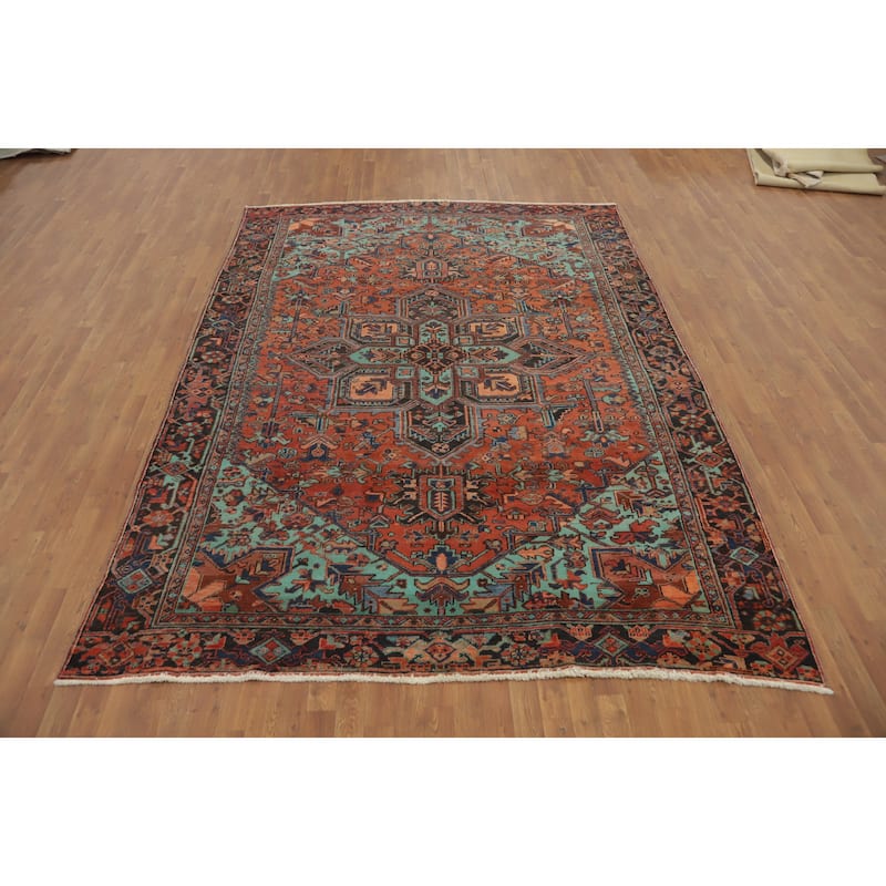 Hand Knotted Oriental 100% Wool Carpet Traditional Medallion Oranges & Rust Heriz Area Rug - 10' 6'' X 7' 8''