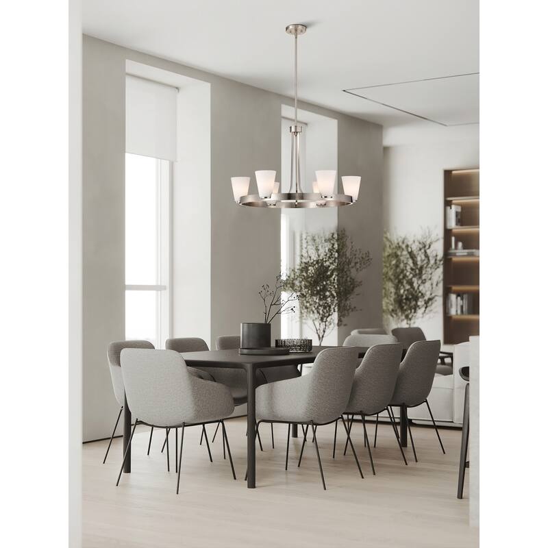 Royale 6 Light Chandelier Brushed Nickel Finish Ribbed White Glass - Brushed Nickel