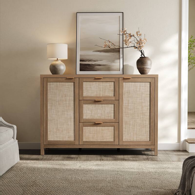 Natural Style Rattan Door Storage Cabinet with 3 Drawers