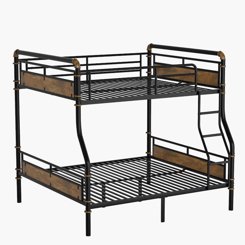 Full XL Over Queen Metal Bunk Bed with Safety Guard Rails, Industrial Design, Black