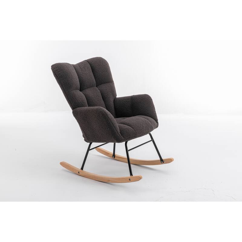 Teddy Fabric Upholstered Glider Rocker, Reading Chair with Thick Padded Seat, High Backrest Armchair with Wooden Legs
