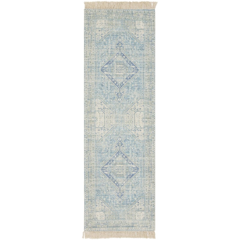 Livabliss Zainab Distressed Medallion Handmade Cotton Area Rug - 2' 6" x 8' - Sky Blue