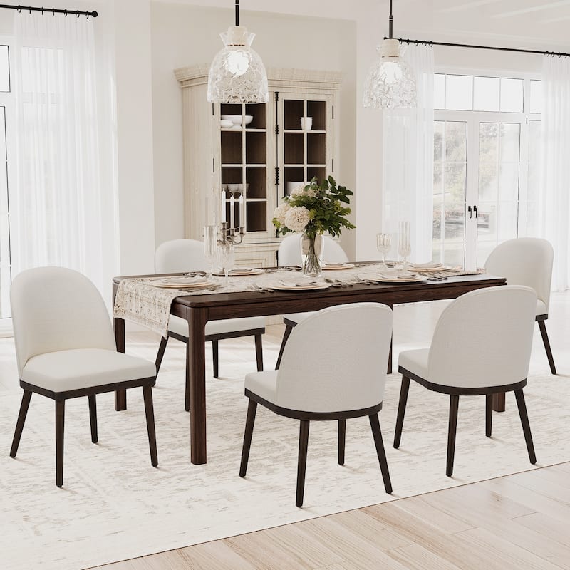 Upholstered Fabric Dining Chairs with Curved Backrest - Set of 6 - Beige