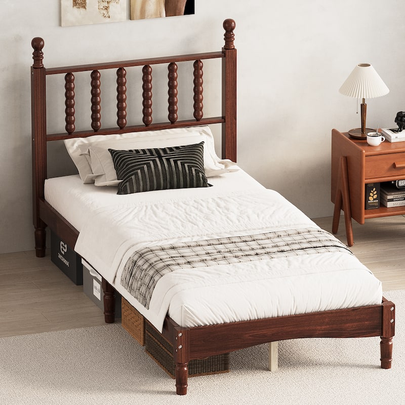 Twin/Full/Queen/King Retro Style Wood Platform Bed with Gourd Headboard and Wooden Slat Support - Walnut - Twin