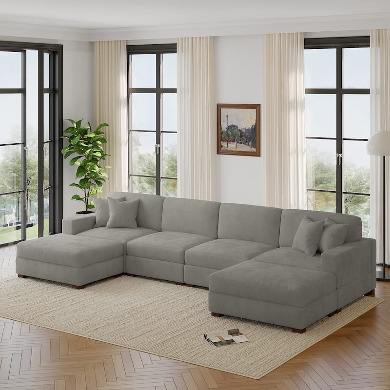 Modern Chenille Oversized Modular Sectional Sofa with 2 Ottoman - Grey-6 Piece