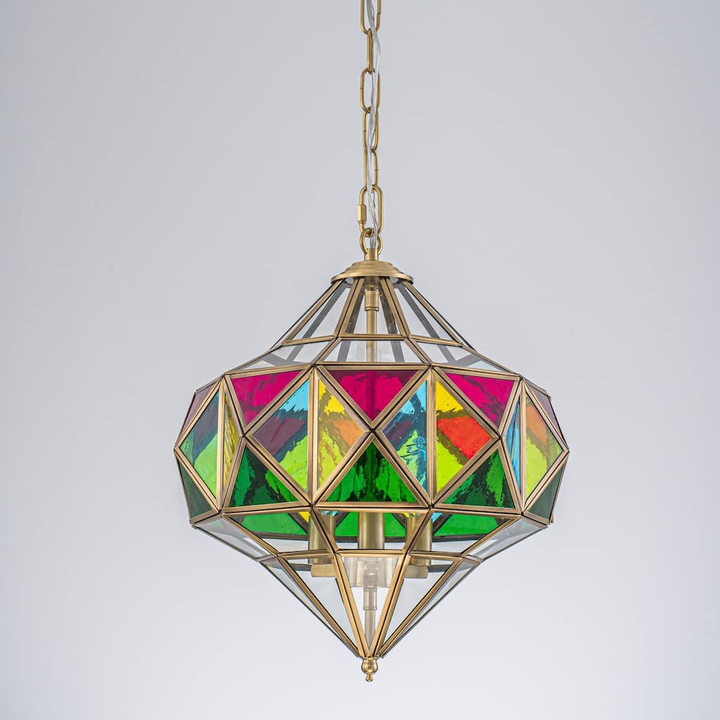 Rennnsan 3-Light Vintage Brass Stained Glass Diamond Pendant Light for Boho Dining & Entryway - 15 in. W x 16.1 in. H