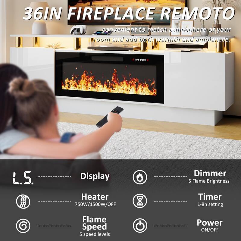 BOSSIN 70" Modern Electric Fireplace TV Stand, with Electronic Flame and LED Lights, High Gloss Finish Entertainment Center