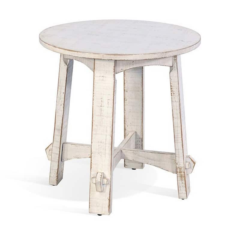 24 in. Distressed White Round Wood End Table, Sturdy Build End Side Table for Living Rooms