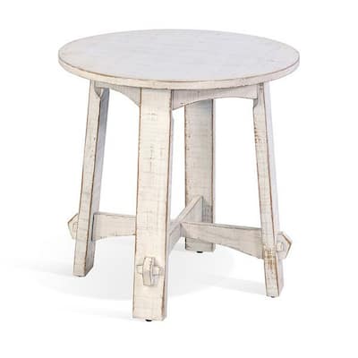 24 in. Distressed White Round Wood End Table, Sturdy Build End Side Table for Living Rooms