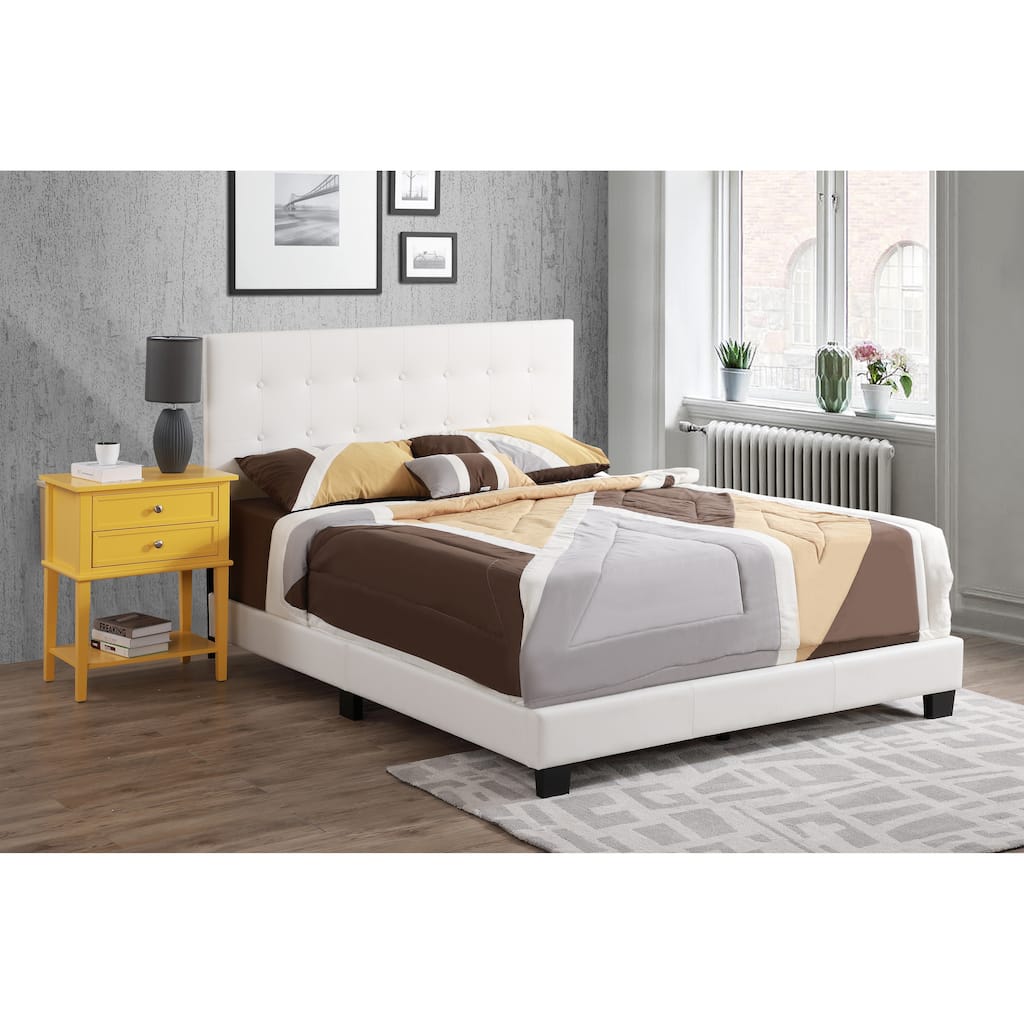 White Faux Leather Queen Bed with Button Tufted Headboard