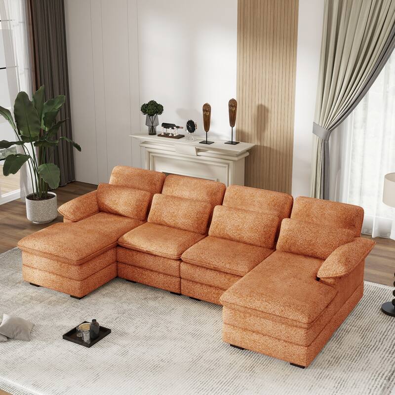 U-Shaped 111.8" Cloud Combo Sofa 4-Seater Chenille Fabric Sofa with Arms