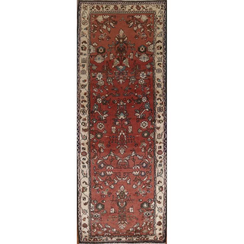Hand Knotted Oriental 100% Wool Carpet Traditional Geometric Red Hamedan Runner Rug - 10' 2'' X 3' 2''