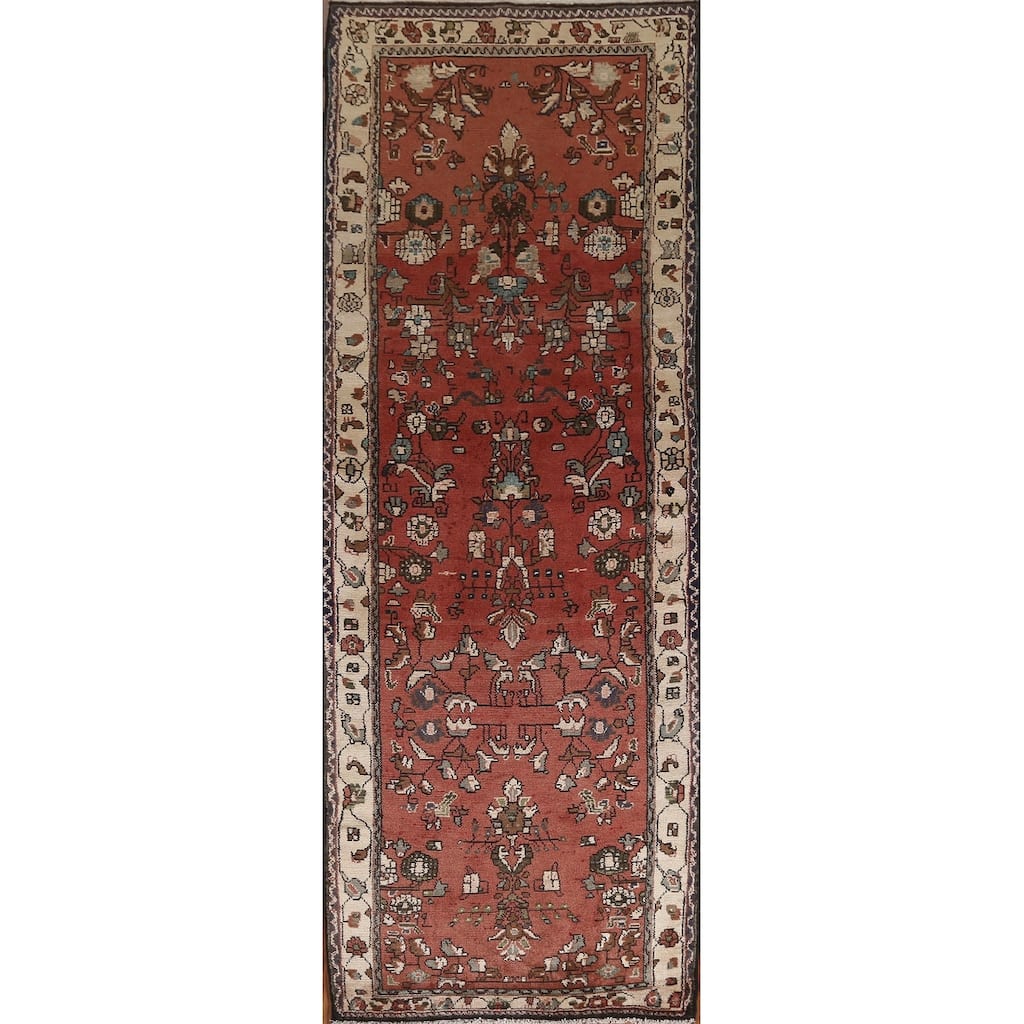 Hand Knotted Oriental 100% Wool Carpet Traditional Geometric Red Hamedan Runner Rug - 10' 2'' X 3' 2''