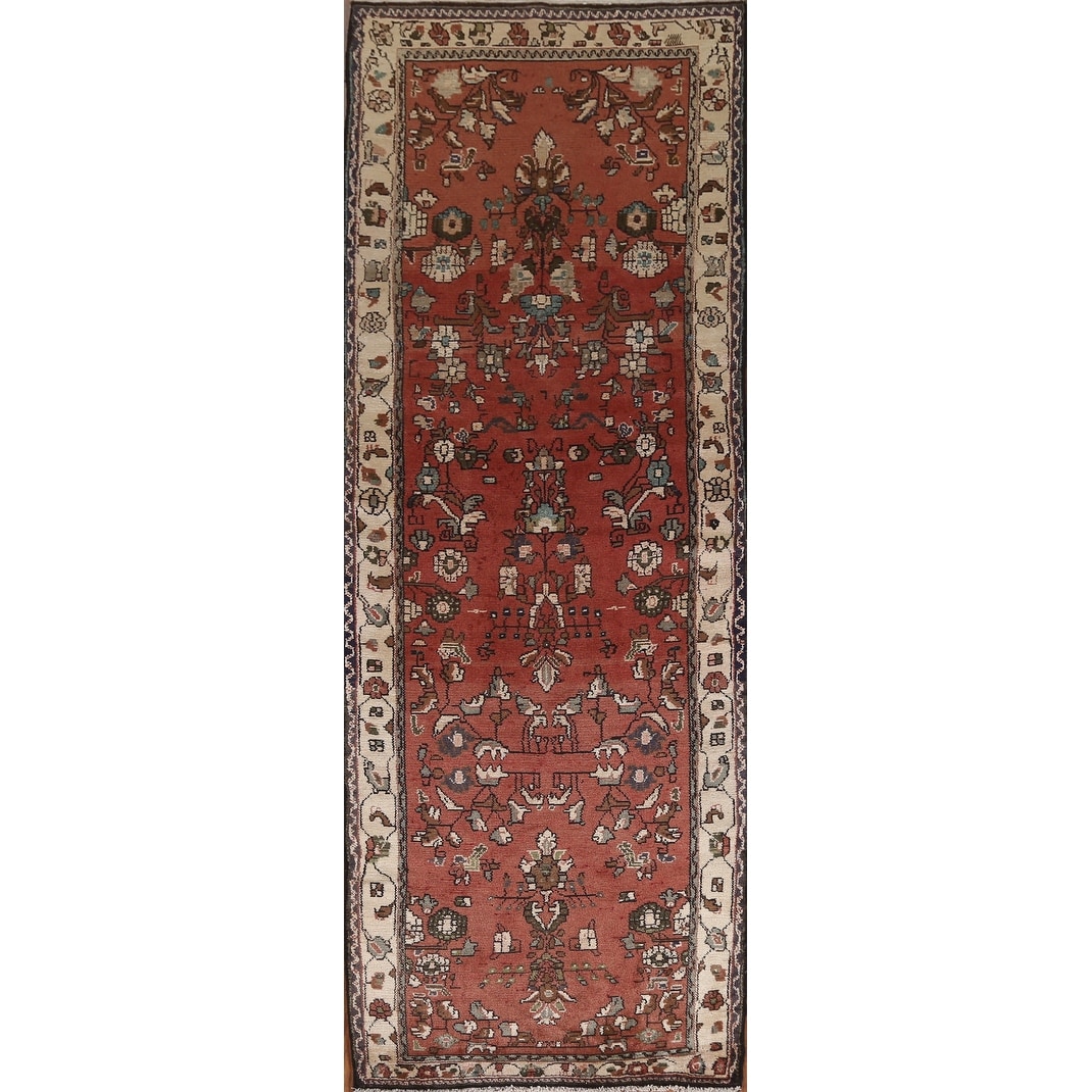 Hand Knotted Oriental 100% Wool Carpet Traditional Geometric Red Hamedan Runner Rug - 10' 2'' X 3' 2''