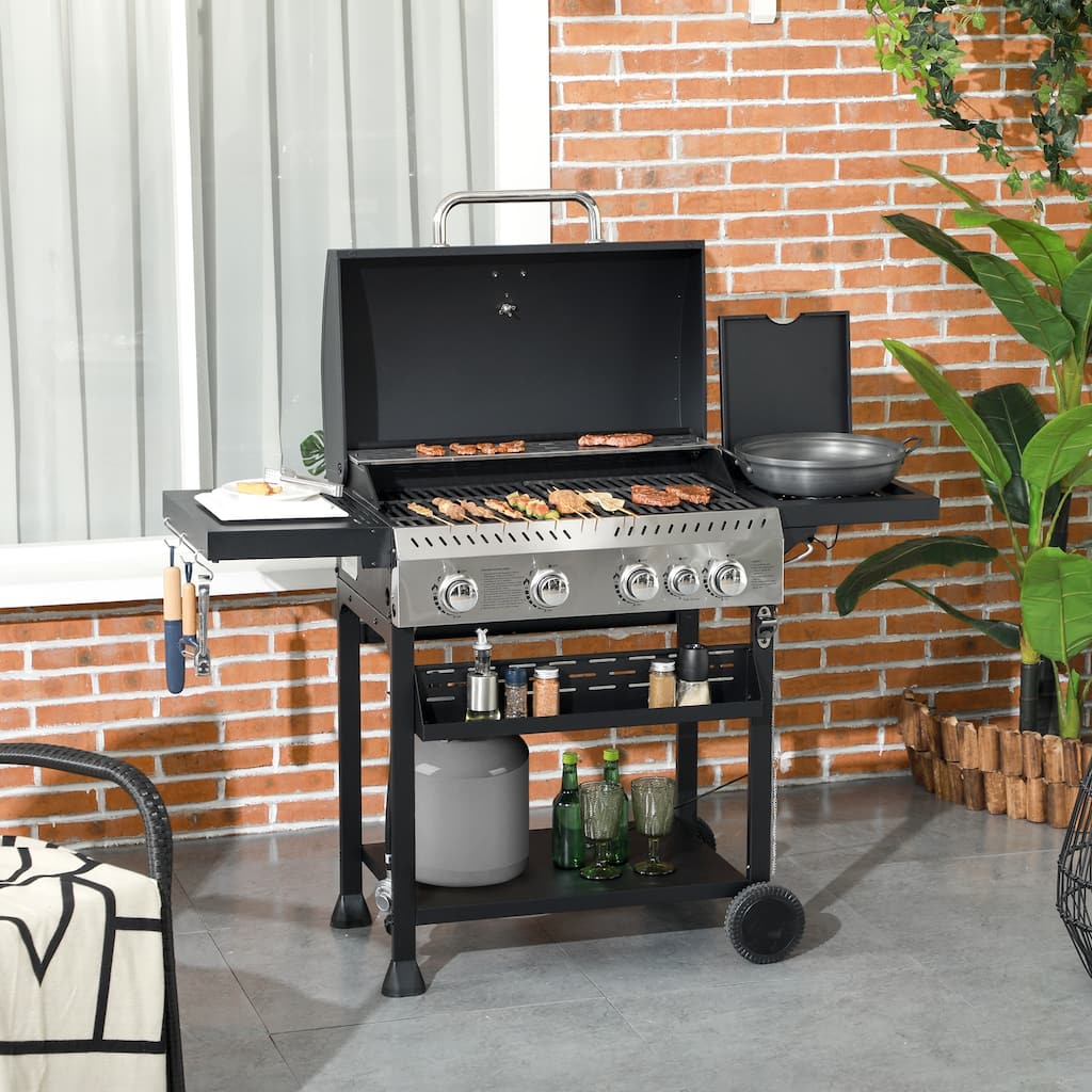 Outsunny 4 Burner Propane Gas Grill with Side Burner, 40,000 BTU Outdoor Barbeque Grill Trolley with 430 sq in Cooking Area