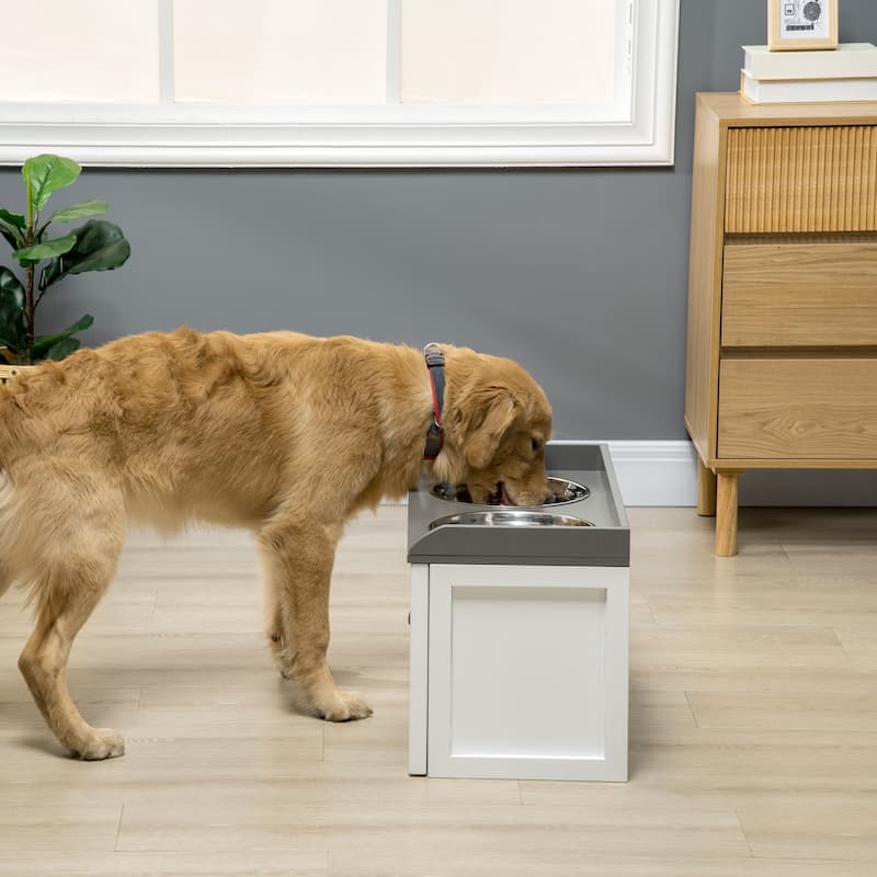 PawHut Dog Feeding Station with Storage Drawer, Removable Elevated Dog Bowls for Large Sized Dogs, White and Black