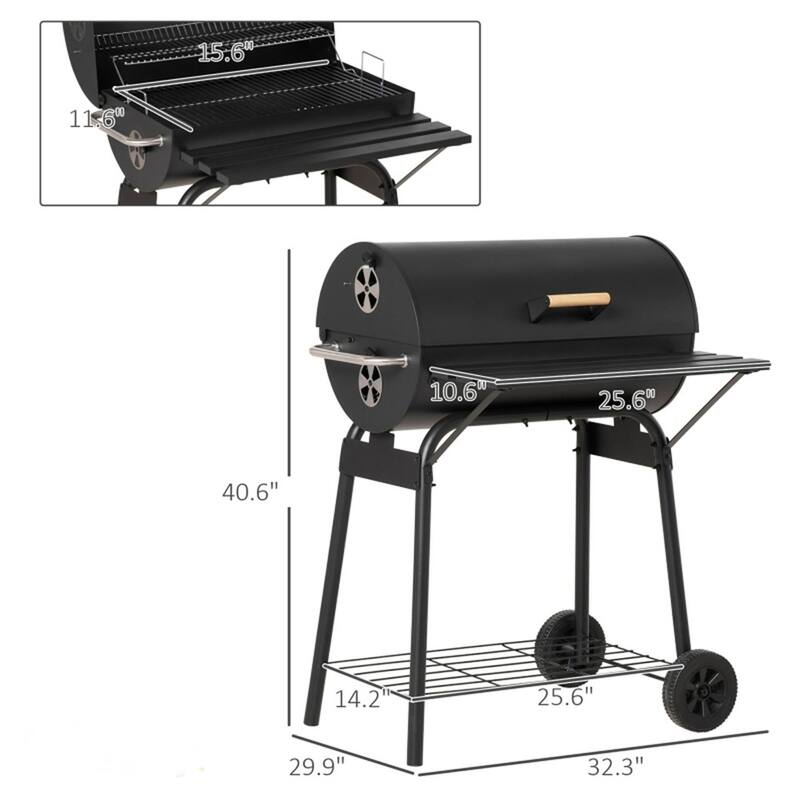 Black Portable Charcoal BBQ Grill with Elevated Warming Rack and Ash Pan Front Storage Shelf - 30.75" L x 29" W x 40.75" H