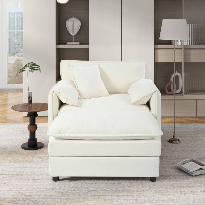 Chenille Upholstered Accent Chair / Oversized Single Sofa Lounge Chair / Deep Seat Reading Sofa Armchair - Beige+Ottoman
