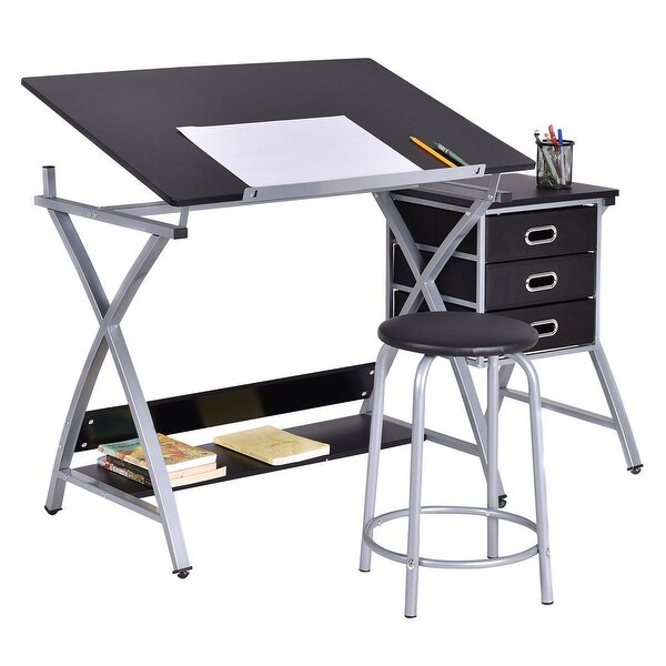 Costway Drafting Table Art & Craft Drawing Desk Art Hobby Folding Adjustable w/ Stool