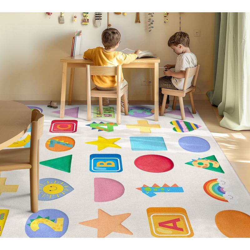 Well Woven Crayola Vibrant Modern Classroom Playroom Kids Rug - 5' x 7' - Educational Numbers & Shapes Multi Color - Rectangle