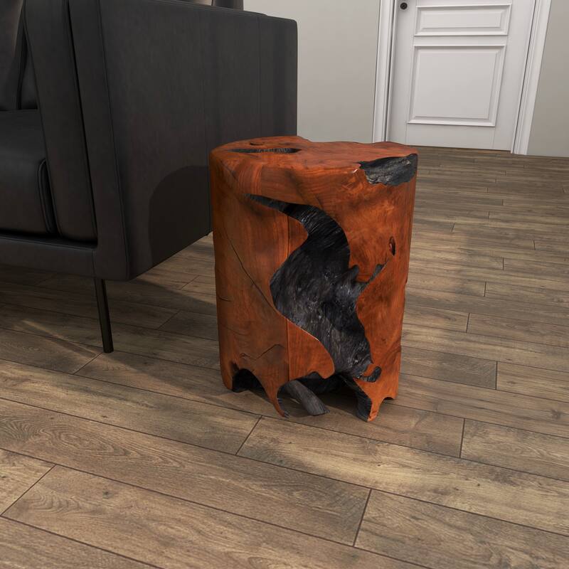 Brown Teak Wood Handmade Live Edge Stump Accent Table with Charred Detailing