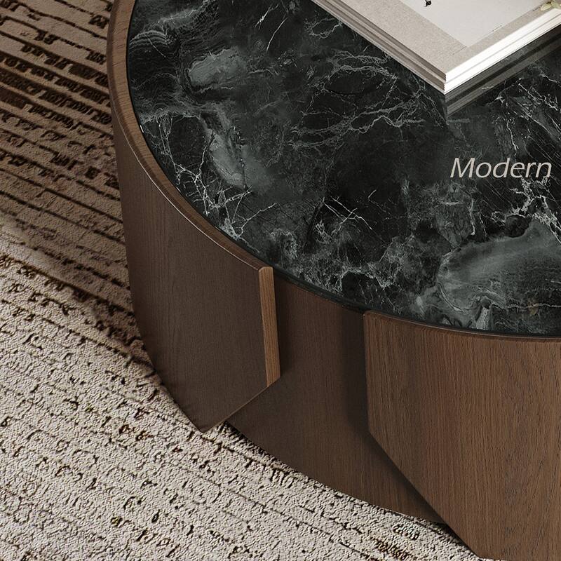35.43" Modern Round Coffee Table, Dark Brown Solid wood, Glossy Faux Marble Table top, for Living Room