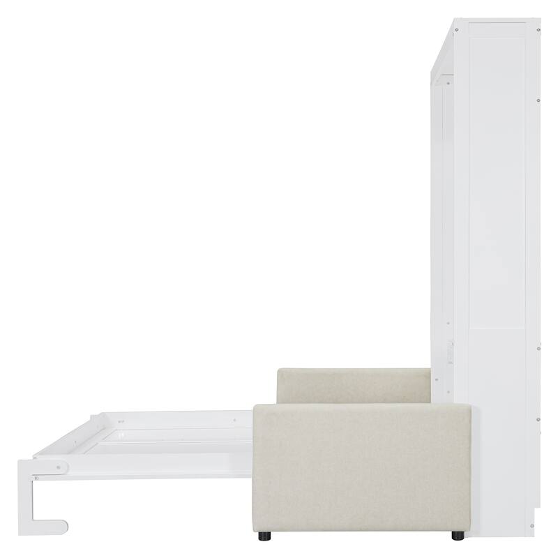 Multifunctional Full Size Wall Bed with Sofa and Storage, White/Gray