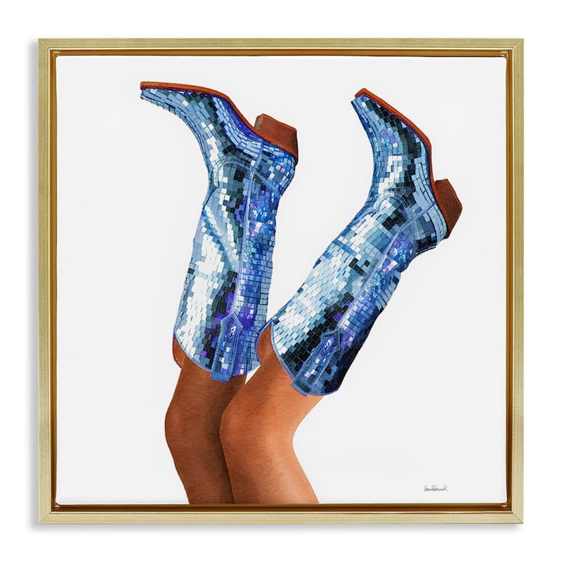 Stupell Blue Glam Cowgirl Boots Framed Floater Canvas Wall Art Design By Amanda Greenwood - 18 x 18 - Gold