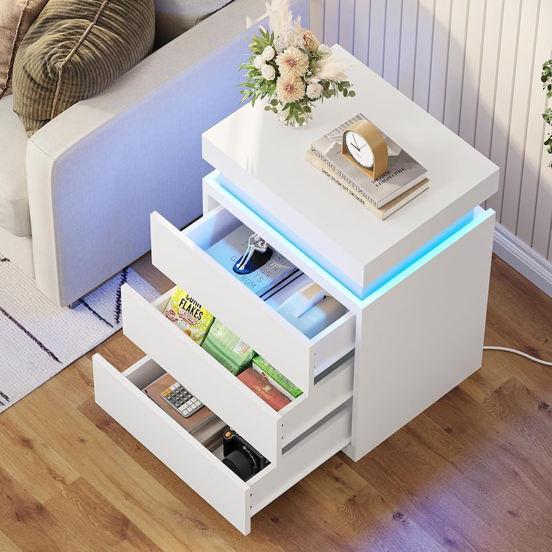 Bedroom Nightstand Charging Station LED Lights Sliding Top 3 Drawers