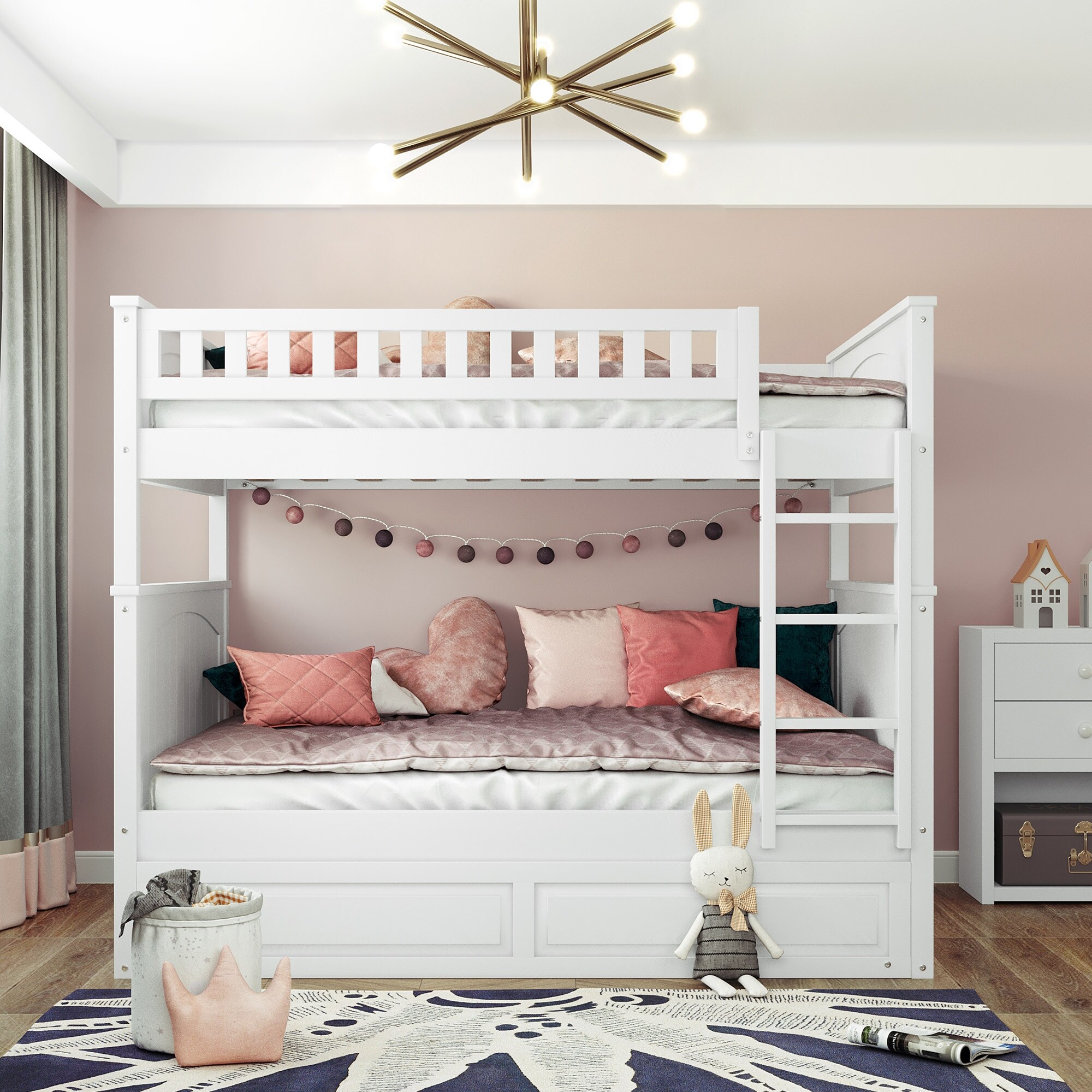 White Full Over Full Size Bunk Bed with Trundle Bunk Bed Frame