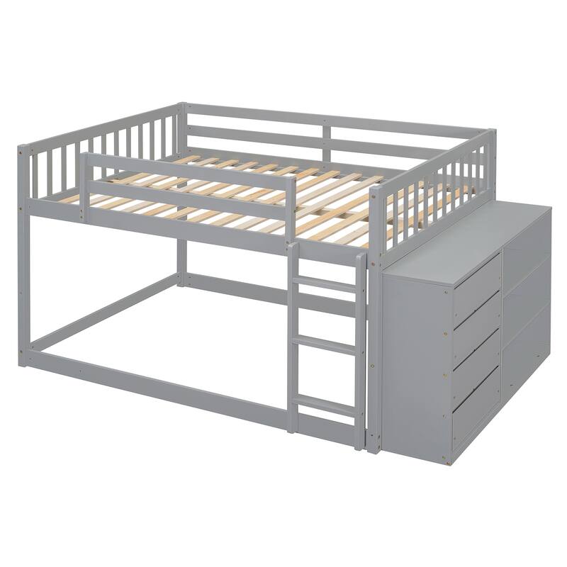 Full Over Full Bunk Bed with 4 Drawers and 3 Shelves in Solid Pine