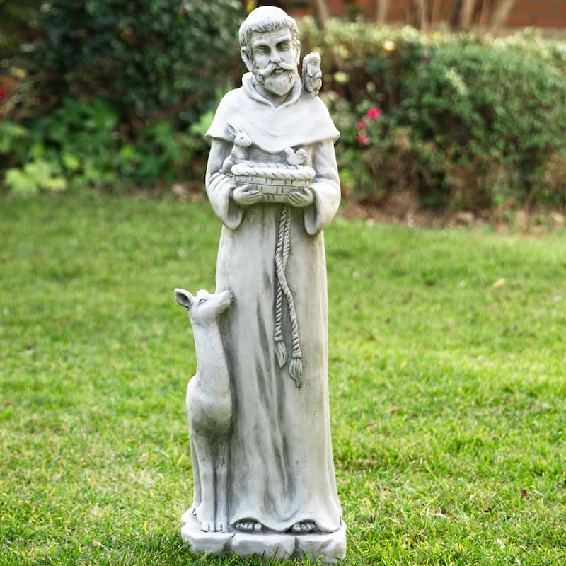Glitzhome Vintage MgO Saint Francis Garden Statue Sculpture with Birdfeeder Feeding Animals