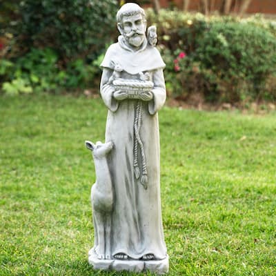 Glitzhome Vintage MgO Saint Francis Garden Statue Sculpture with Birdfeeder Feeding Animals