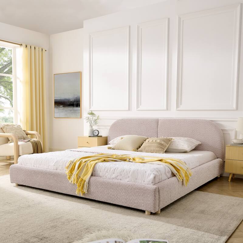 King Size Upholstered Bed Frame, Modern Minimalist Style with Tall Curved Headboard, Premium Circle Yarn Fabric - Pink