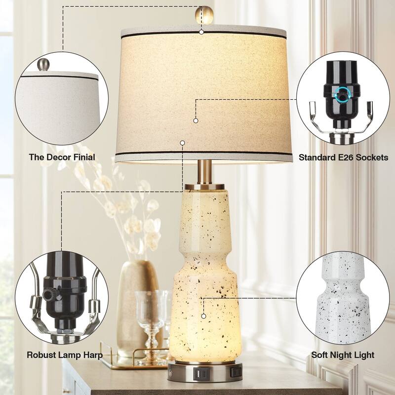 White Glass Table Lamps Nightlight 2in1 Ink Textile 2-Way Touch Switch (Set of 2) - 12'' x 12'' x 26'' (L x W x H)
