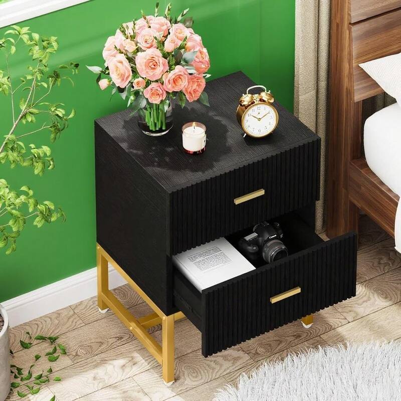 Black Gold Wood and Metal Nightstand with 2 Striped Storage Drawers