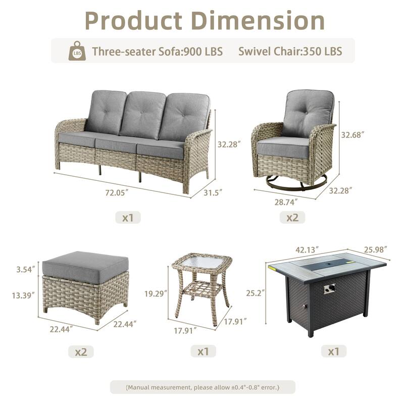 OVIOS 7-piece Patio Wicker Conversation Furniture Set With Fire Pit